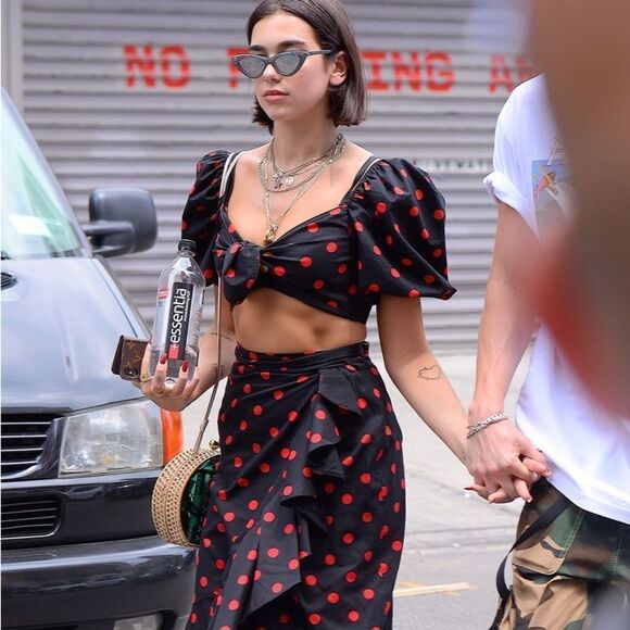 Marianna Senchina Two-Piece Black Polka Dot Bow Top Ruffled Midi Skirt Size M - Picture 7 of 15